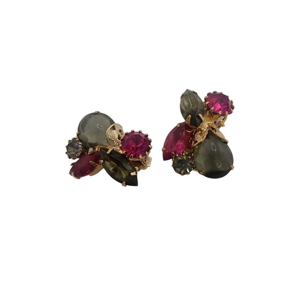 Phenomenal Unsigned Rhinestone Pink and Grey Brooch and Earrings Set (A4813)